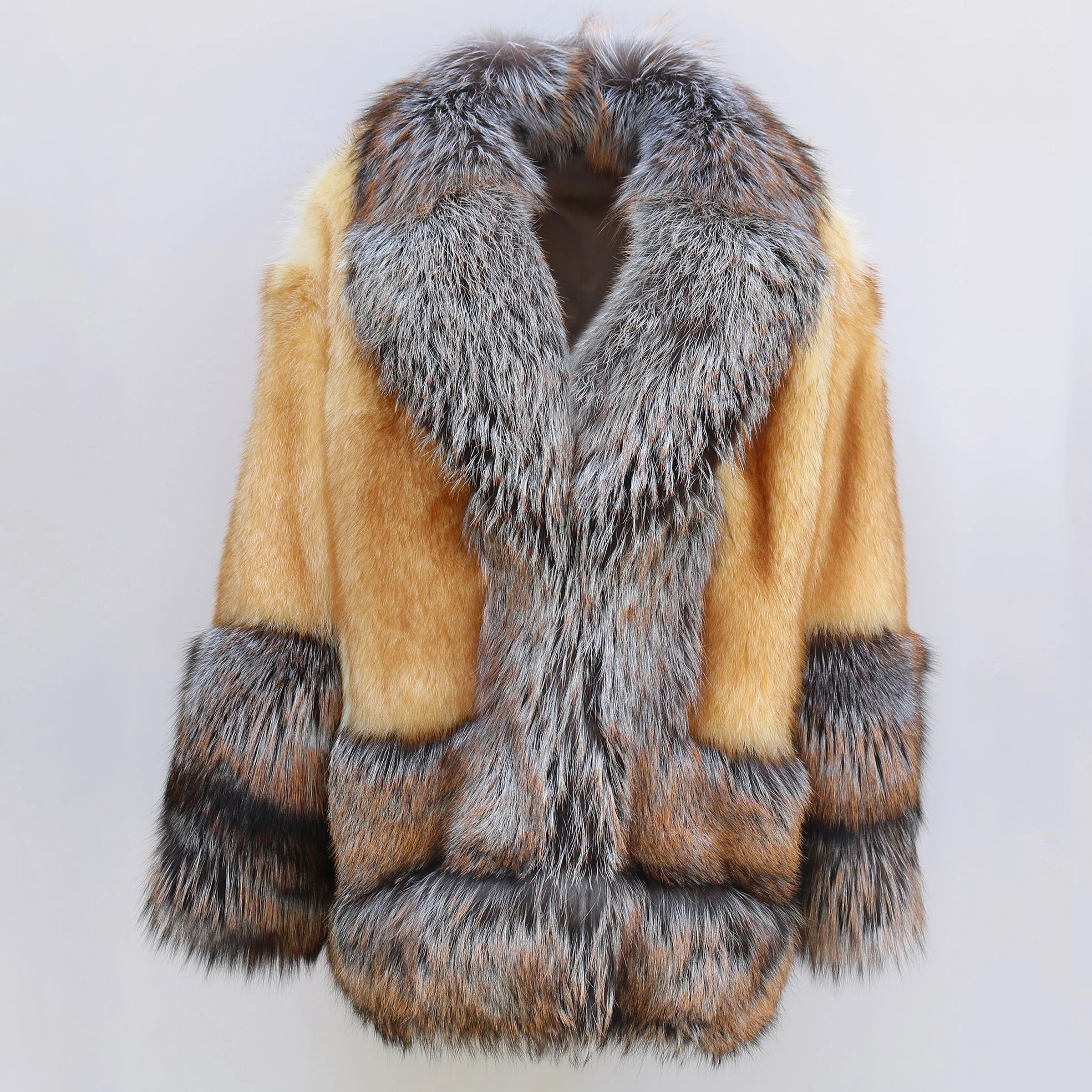 Damski płaszcz z prawdziwego futra szopa pracza z kołnierzem i mankietami z futra lisa srebrnego, ciepła kurtka zimowa, modny płaszcz.