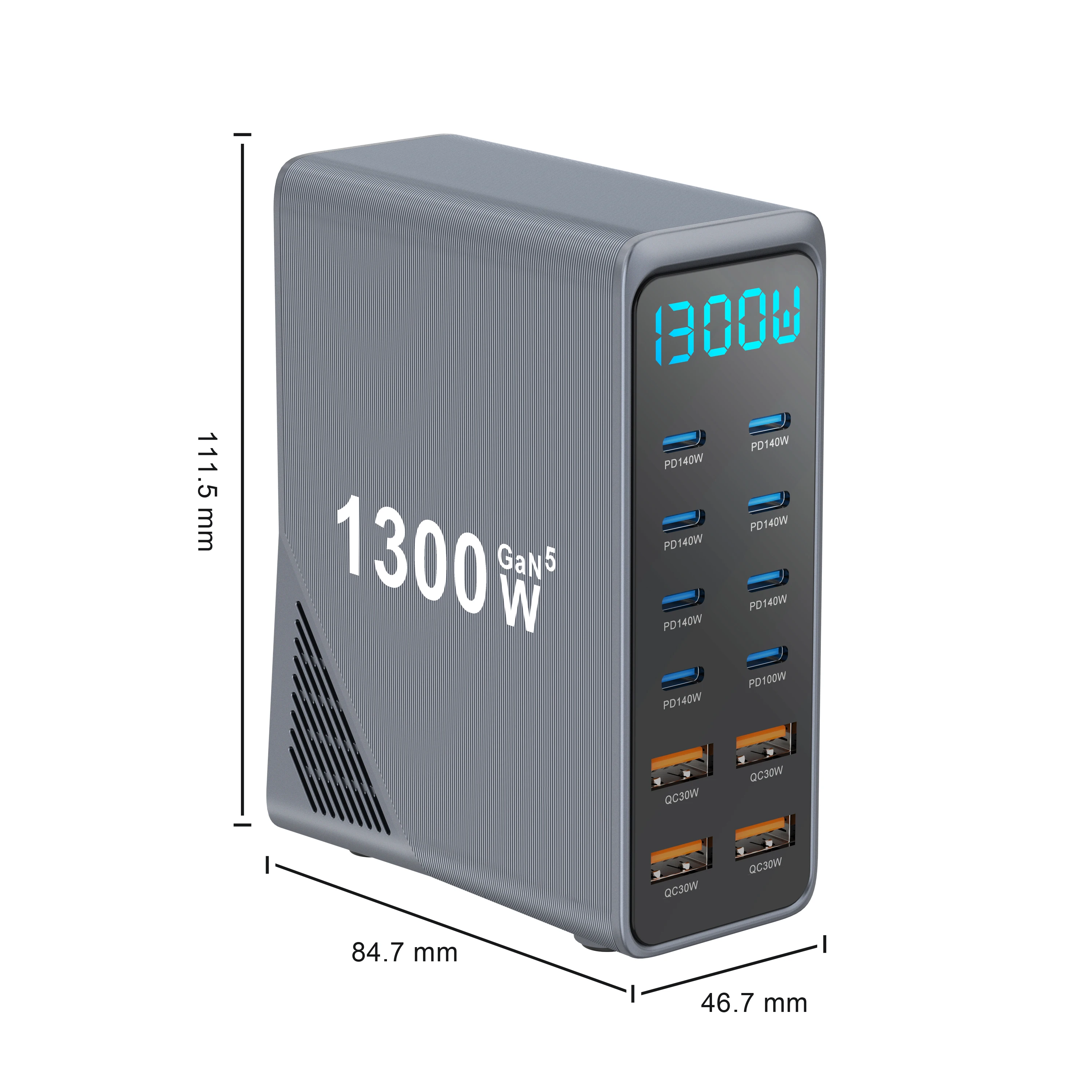 1300W GaN5 Desktop Charger 12-Port 10C2A PD140W Type-C 2*QC3.0 USB-A Digital Power Display Fast Charging Station for Laptop