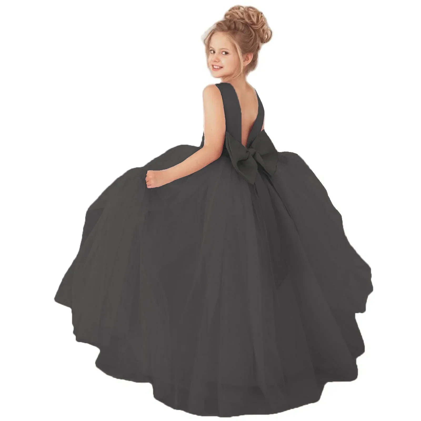 Schwarze Blumenmädchenkleider für die Hochzeit mit Schleife, offener Rücken, Perlenbund, Prinzessin-Festzug-Kleid für Kinder, einfache Erstkommunion-Kleider