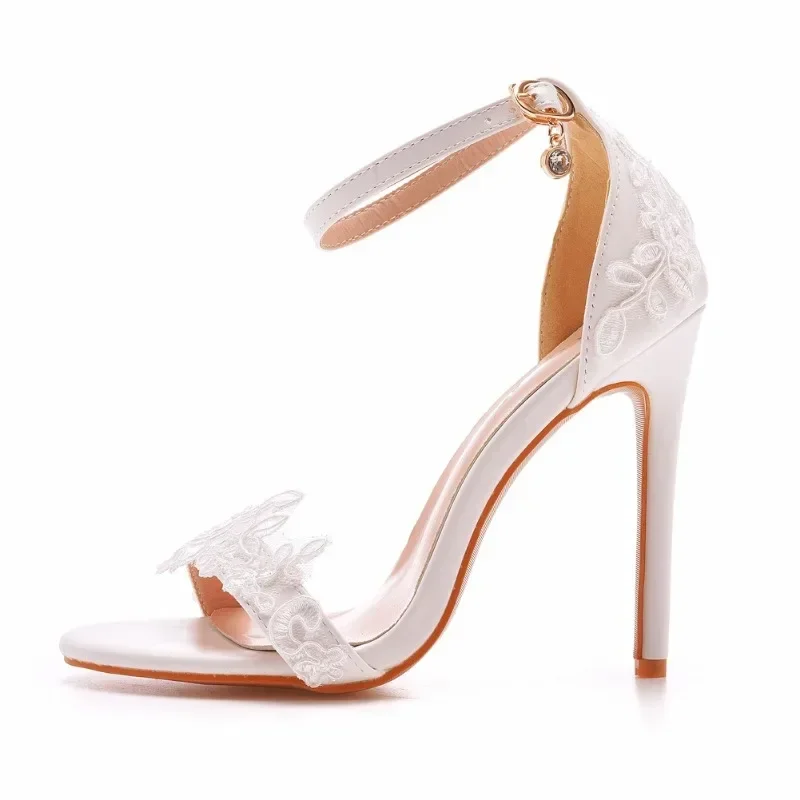 Sexy Ankle Strap Sandals Women Party Lace Decoration PU 11CM Thin Heels Buckle Strap Narrow Band Dress Women\'s Shoes White