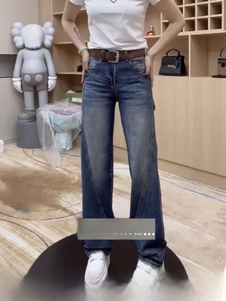 

High Waist Straight Leg Jeans Women's Spring Autumn Large Size Wide Leg Pants Workwear Knife Deep Color Nine Points