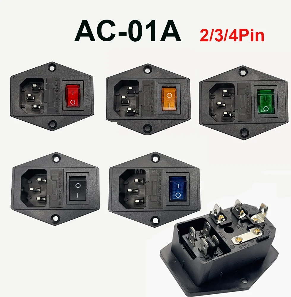 AC-01A With 10A Fuse! Red Yellow Green Blue Black Rocker Switch Fused C14 IEC320 Inlet Power Socket Fuse Switch Connector AS-10