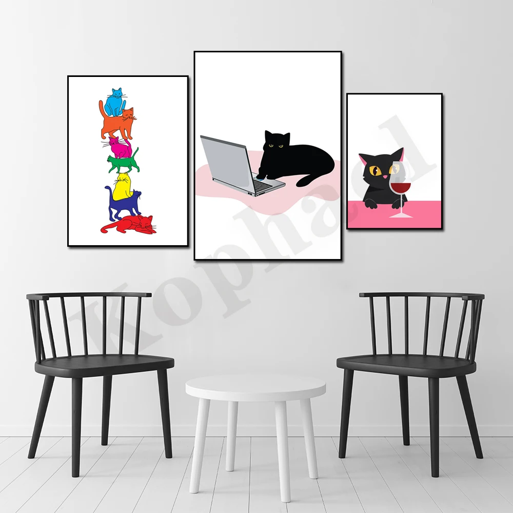 Colorful Cats Wall Art Poster Playful Cat Birthday Party Home Decor Water Lily Cats Design Aesthetic Cartoon Cat Print