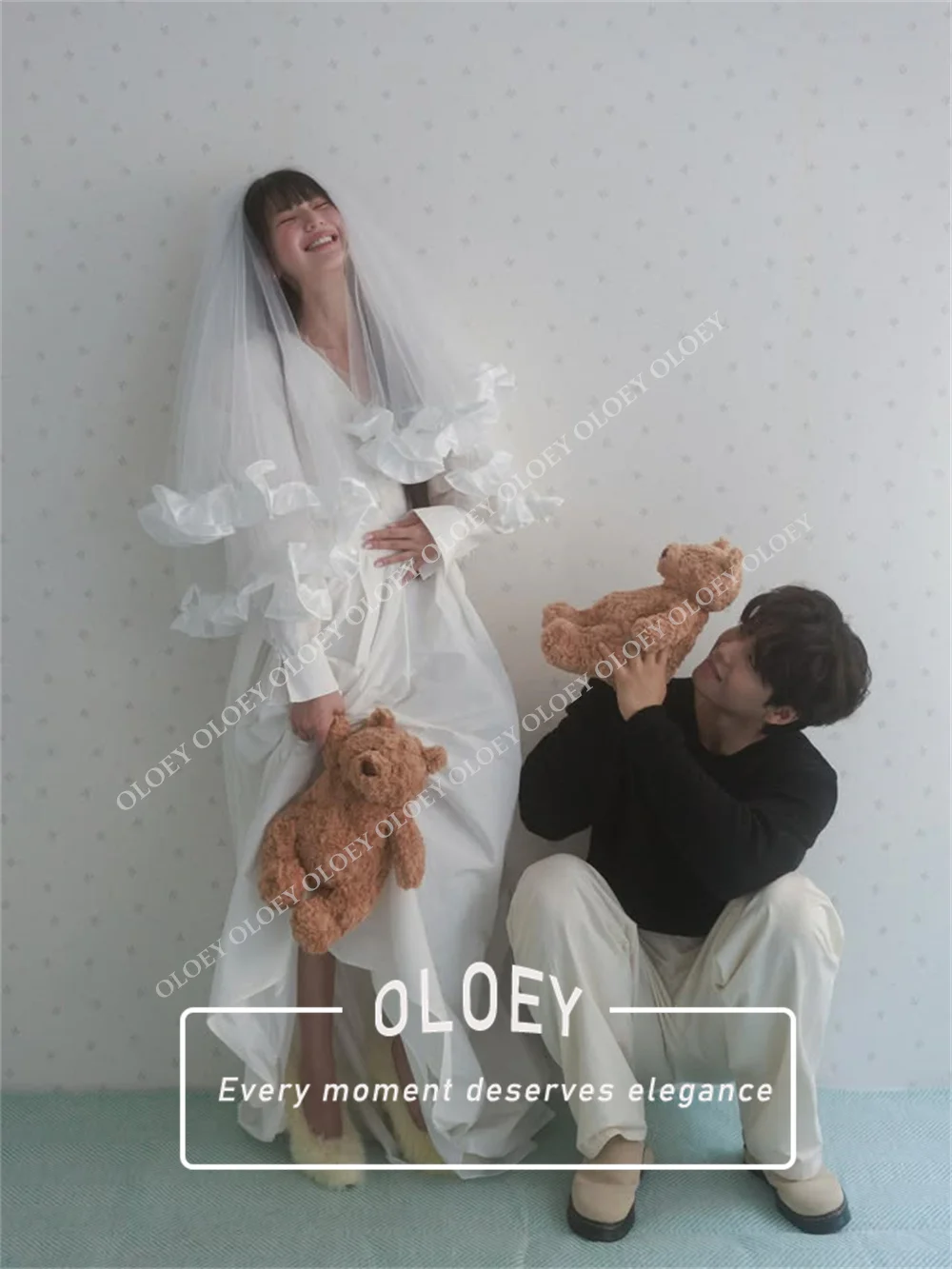 OLOEY Elbow Length Veil Korea Customized Pleated Satin Edge Soft Tulle Two Layer Veil Elegant Fixed By Comb