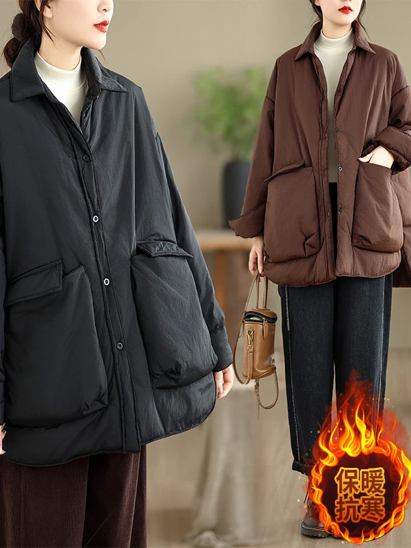 معطف شتوي نسائي من القطن من Thiened Jaet دافئ كاجوال من مزيج القطن الداخلي بتصميم كلاسيكي طويل الطول بأزرار حتى لون نقي #4