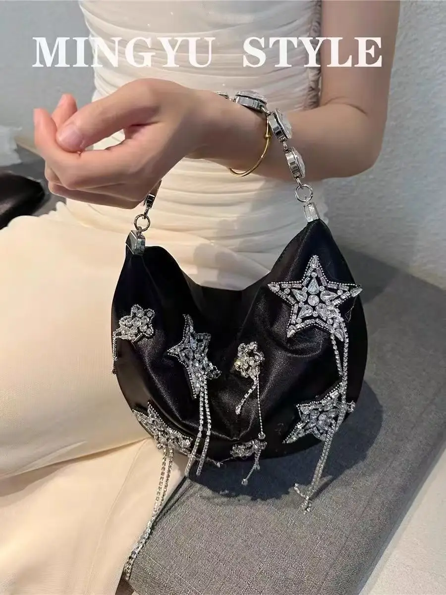 

Luxury Satin Exquisite Banquet Bag Glitter Diamond Tassel Evening Bag Shiny Rhinestones Clutch Purse Wedding Party Women Handbag