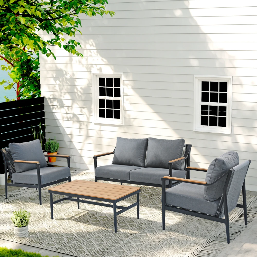 

4-Piece Patio Set: Aluminum Frame, Olefin Cushions & Wood Table (330lbs) for Outdoor
