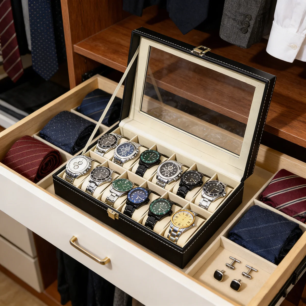 Men's Heavy-Duty PU Leather Watch Box with Display Lid,Large Capacity Watch Collector Case Suitable for Displaying image 6