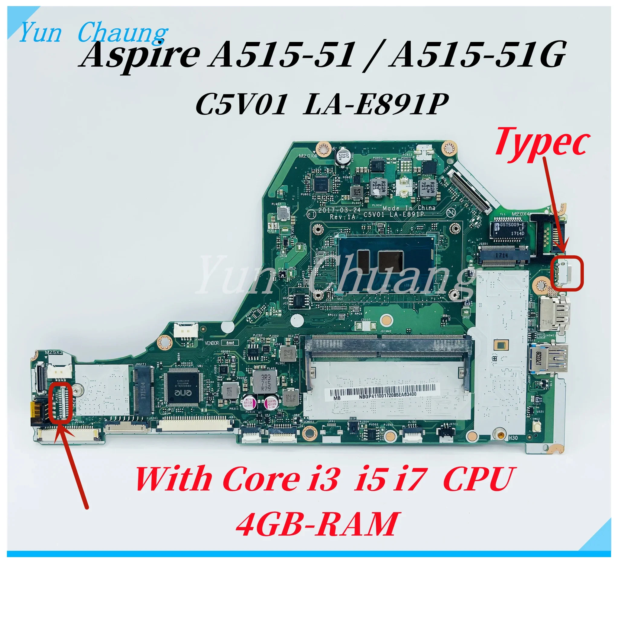 laptop motherboard para acer aspire c5v01 la e891p mainboard i3 i5 i7 cpu 4gb de ram tipo c 100 teste ok a51551 a515 51g 01