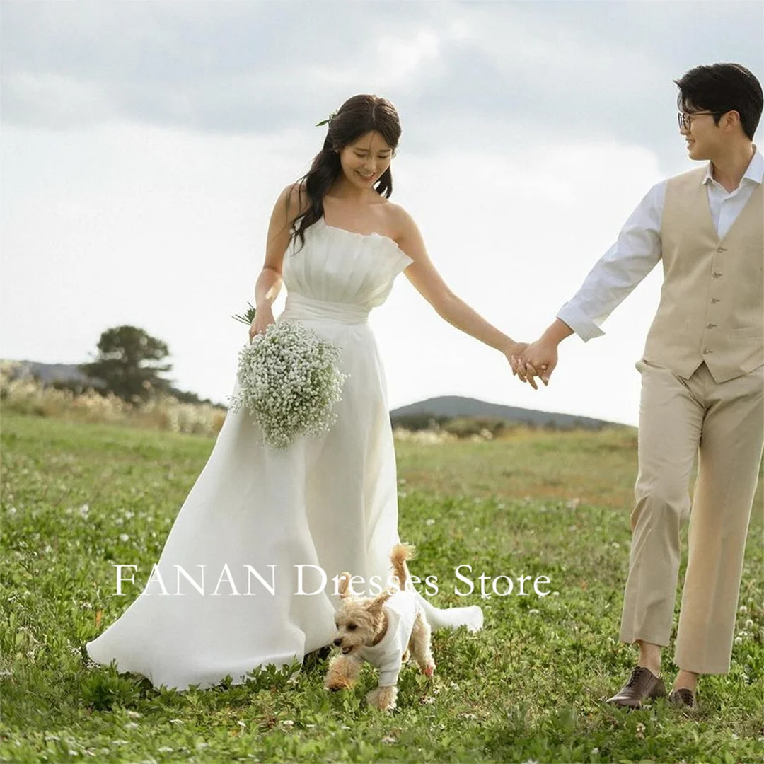 

FANAN Strapless Korea Ivory Sleeveless Vintage Organza Simple Wedding Dresses 웨딩드레스 Custom Made A-Line Bride Gowns Plus Size