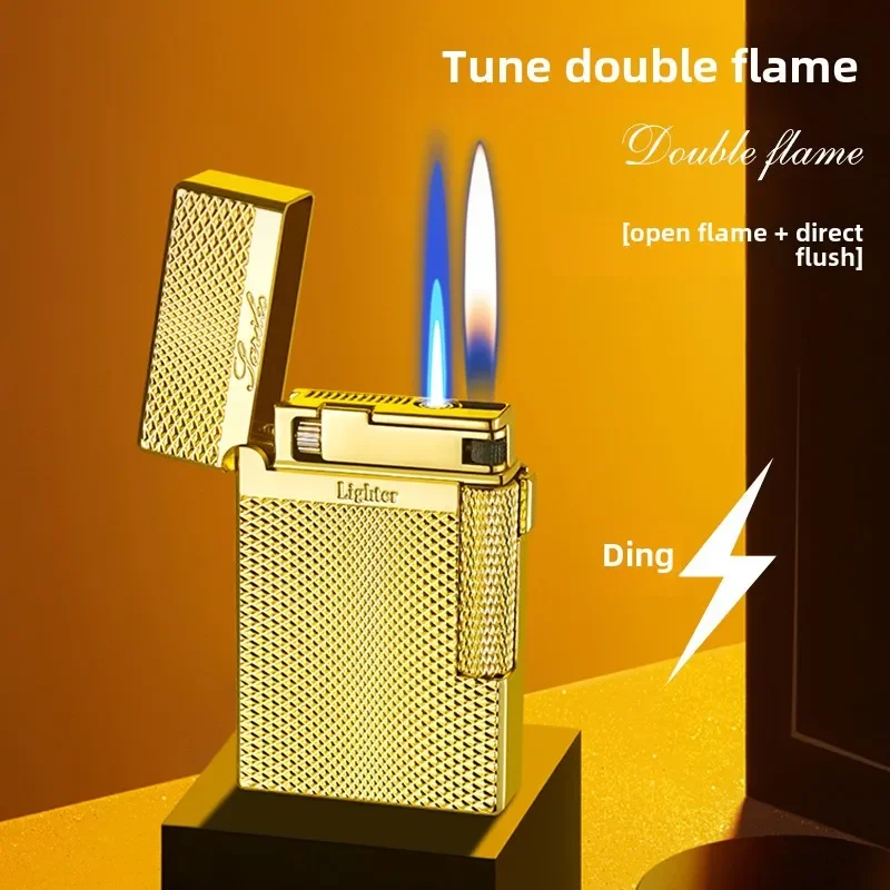 High end luxury electroplated dual flame butane windproof lighter cigarette accessories, grinding wheel side sliding lighter