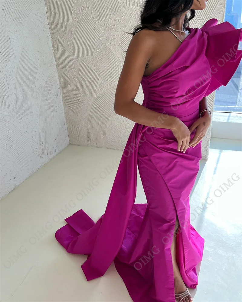 OIMG Fuschia Long Mermaid Evening Dress One Sleeve Side Slit Custom Prom Gown Pleat Satin Floor-Length Cocktail Party Dress