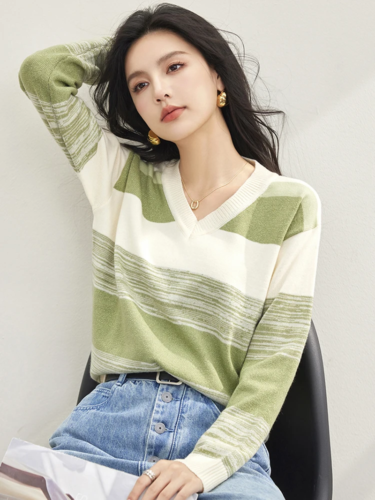 Women's V-neck Long Sleeve Knitted Tops Autumn Simplicity Striped Sweater Ladies Korean Casual Pullovers Tops