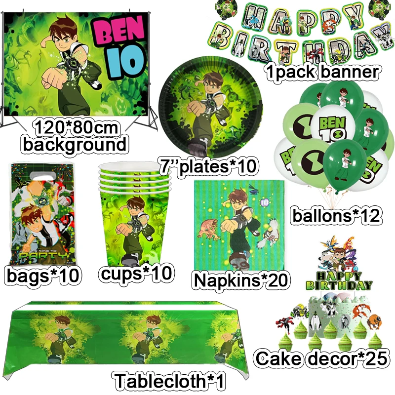 Ben 10 Birthday Party Decoration Disposable Tableware Paper Plate Cup Cake Decor Ben Boy Balloon Baby Shower Boys Party Supplies