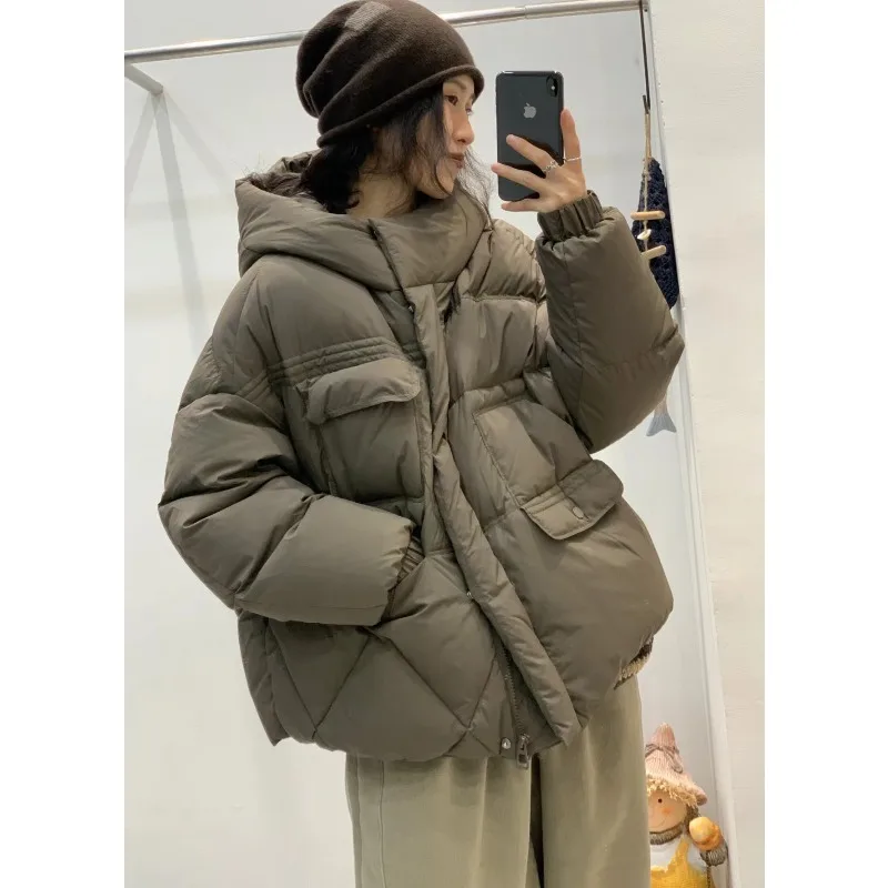 Women's Winter Down Coats Warm New Korean Loose Bread Coat Outerwear Hooded Petite Down Jacket Short Length White Duck Down Coat