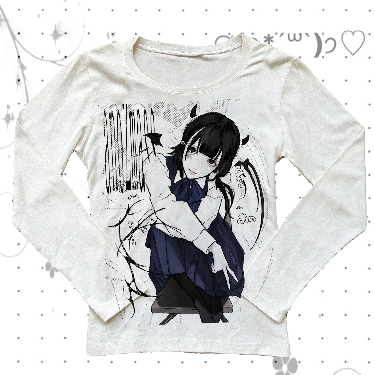 Women's Long Sleeve T-shirt Anime Demon Girl Horn Wing Print Dark Goth Aesthetic Slim Casual Streetwear Tee