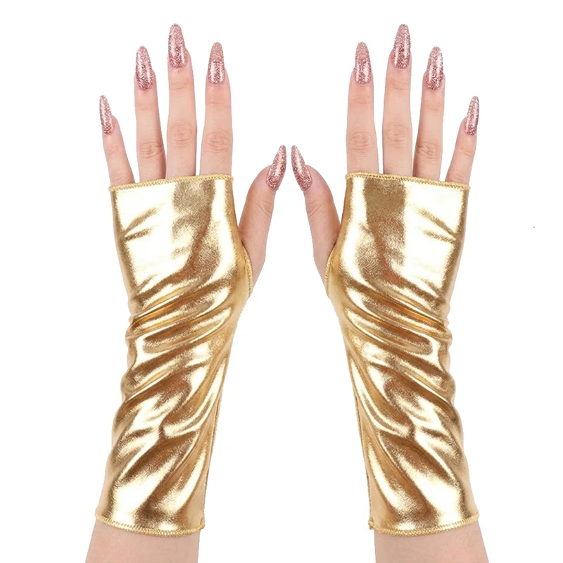 Guanti Senza Dita Metallizzati Sexy e Lucidi da 23cm, Maniche Lunghe per Cosplay, Spettacoli e Feste in Costume