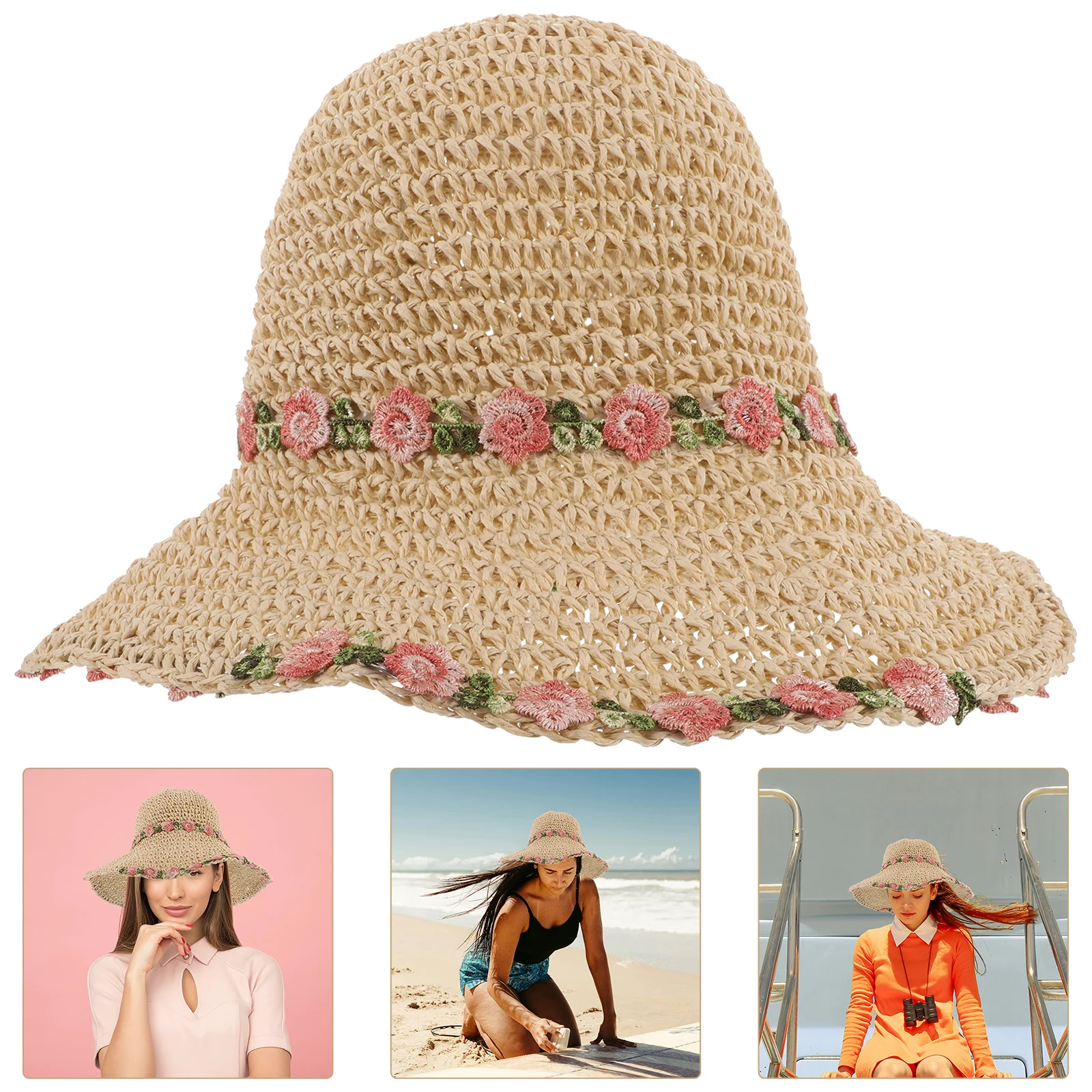 

Charming Foldable Floral Woven Straw Hat Women Summer Beach Vacation Sun Protection Wide Brim Cute Travel Cap Beach Hat