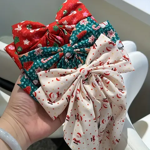 Christmas Santa Claus&Snowman Double Layered Bow Hair Clips - Red & Fabric Printed Holiday Hair Accessories with Red&Striped Bow
