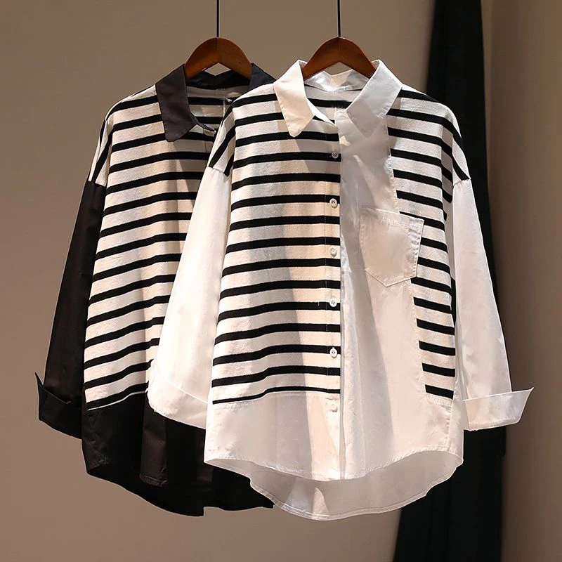 Women Y2K Striped Print Patchwork Irregular Button Shirts Simple Casual Lapel Long Sleeve Loose Streetwear Blouse Female Blusas