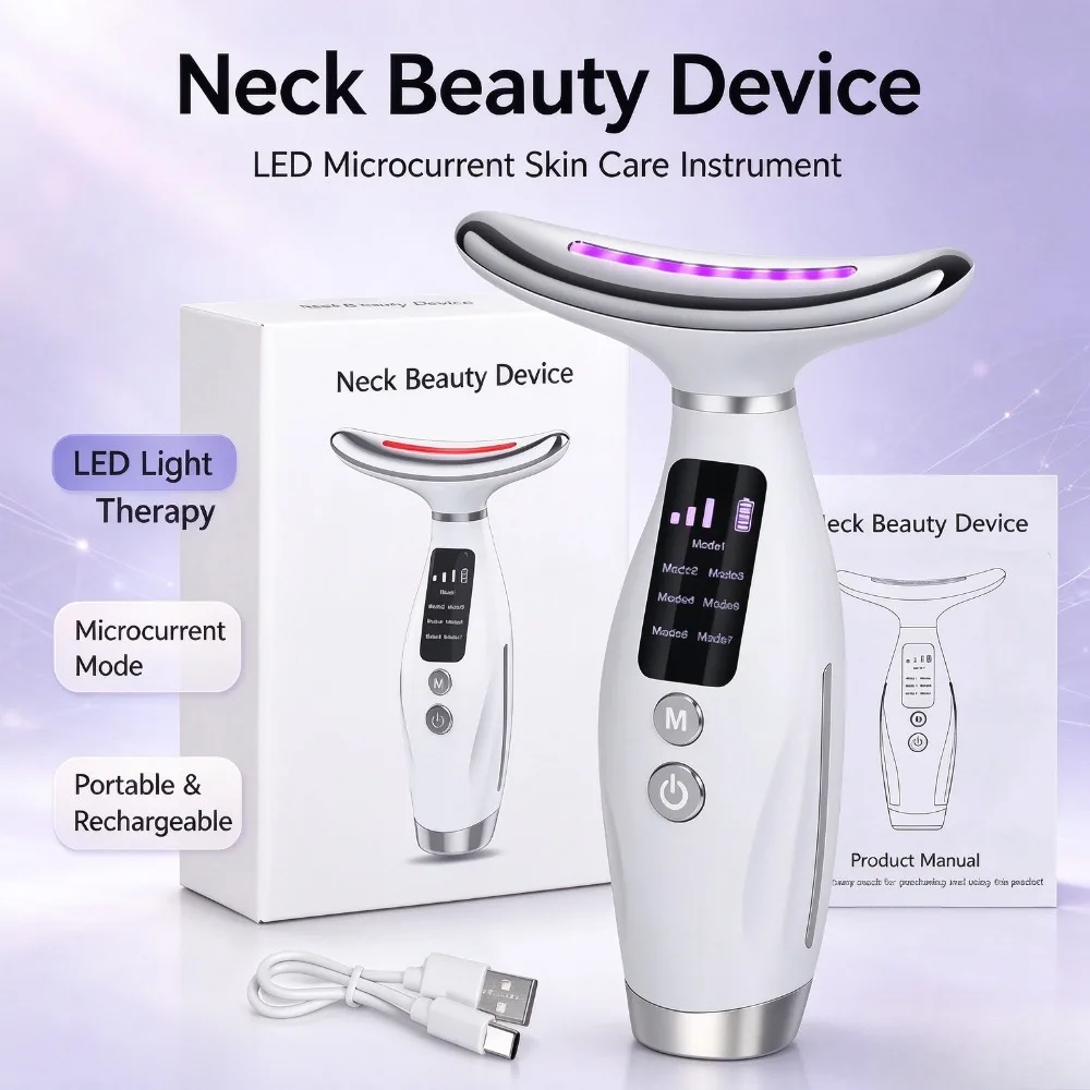 LED Face Neck Massager 7 Colors Light Therapy 7 Modes 3 Levels Vibration Firming Beauty Device