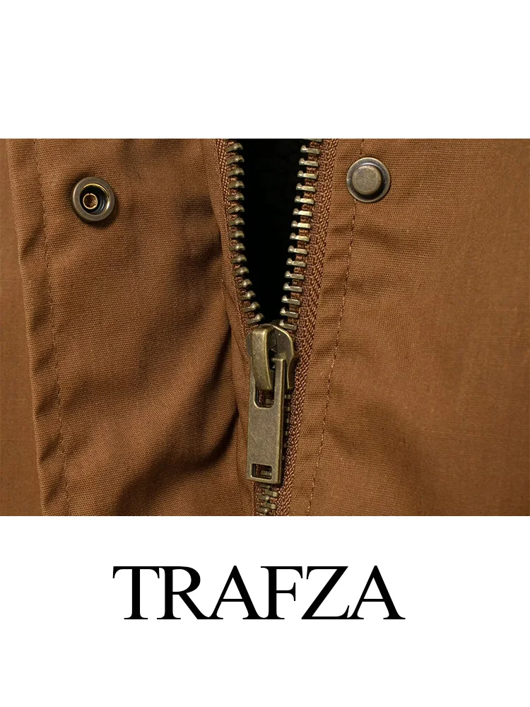 TRAFZA-Vestes Élégantes à Simple Boutonnage pour Femme, Couleur Unie, Col Rabattu, Manches sulf, Poches, Fermeture Éclair, Collection Automne