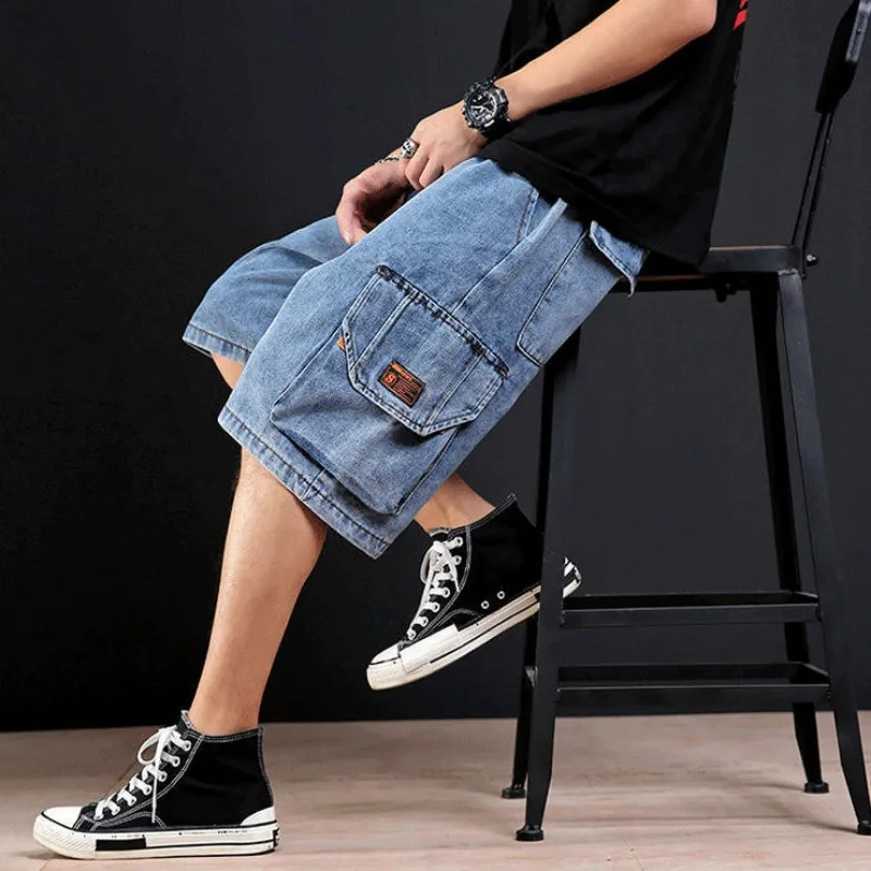 Celana Jeans pendek pria celana kargo longgar kolor pria celana pendek Denim pria dengan saku teks lebar longgar asli kancing koboi Jorts dijual