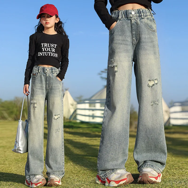 Child Vintage Ripped Jeans for Girls Fashion High Waist Spring Autumn Broken Hole Wide Leg Pants Teenage Kids Denim Trousers