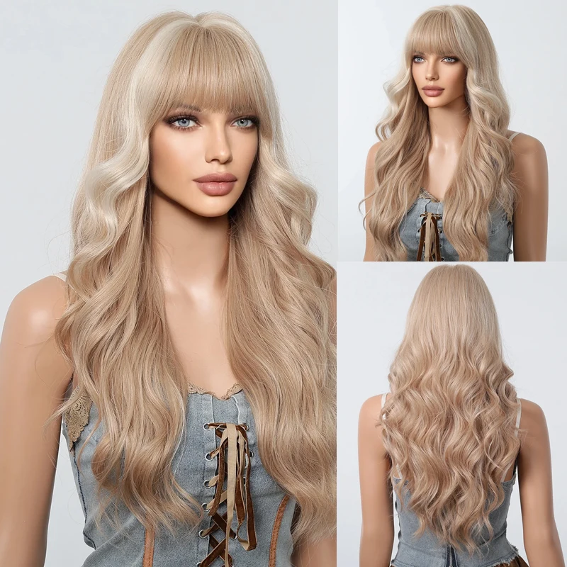 Long Wavy Synthetic Wigs with Bangs Blonde with Platinum Highlight Wig for Women Daily Cosplay High Temperature Wigs Party