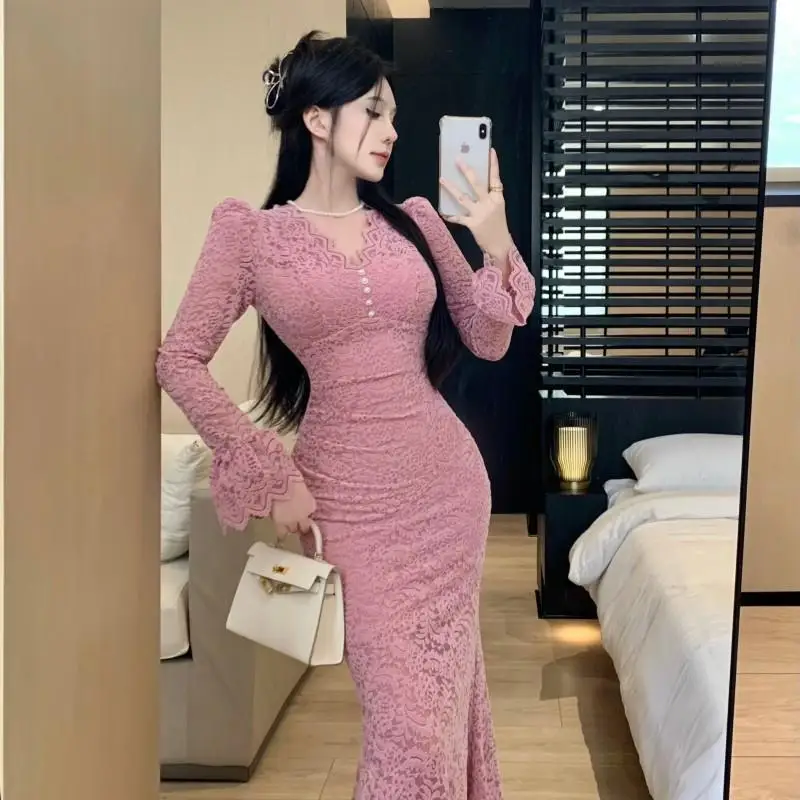 Topenomi Sexy Elegant Lace Evening Dresses Women Spring V Neck Waist Slim Mermaid Dress Solid Long Sleeve Formal Party Vestidos