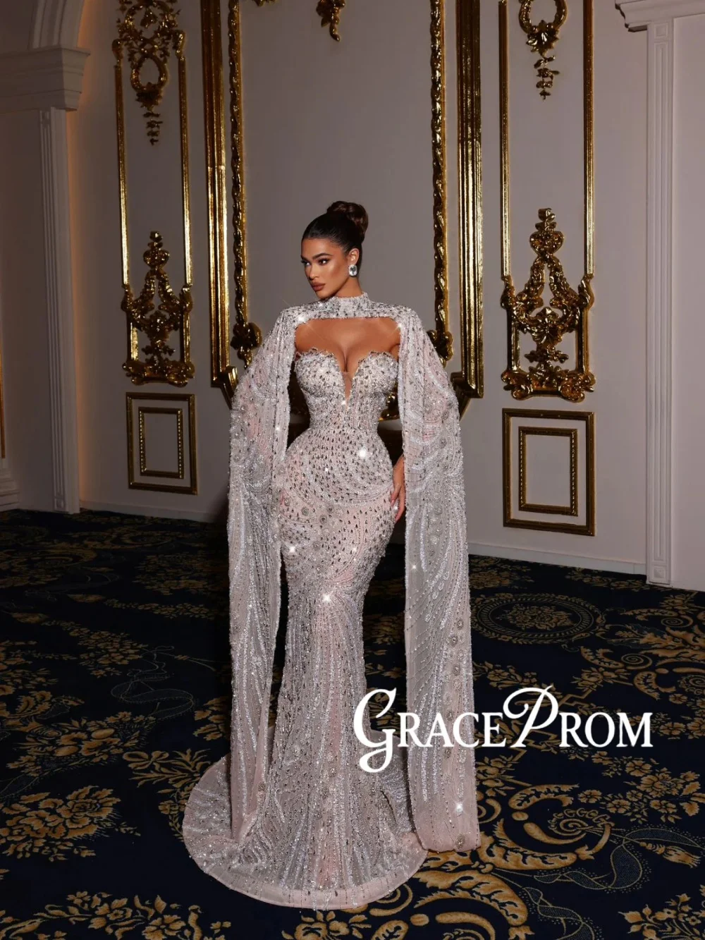 

Silver Crystal Embroidery Evening Dress Cape Sleeve Mermaid Long Formal Party Gown New Customized Exquisite Red Carpet Gown