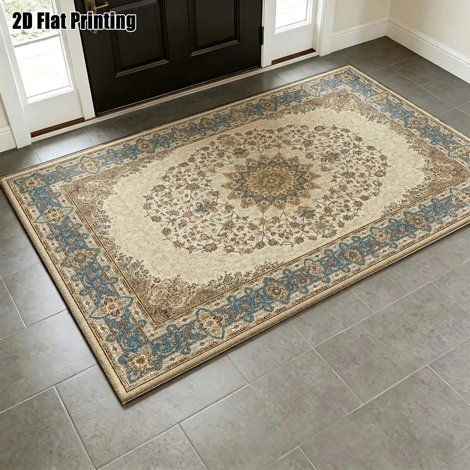 1Pc 2D Printed Carpet: Beige-Blue-Brown Retro Floral European Vintage Design, Machine Washable, Multi-Size Home Decor Rug for Living Room, Bedroom, Dining Room, Entrance & Study