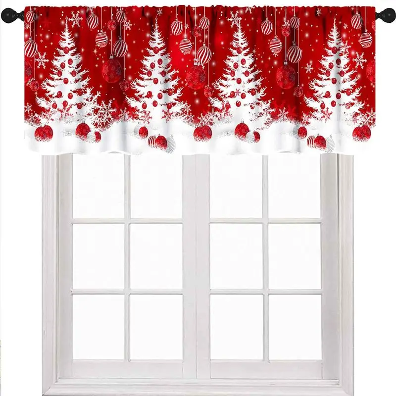 VIKAMA Red White Pine Ornament Ball Snowflake Scallop Border Christmas Short Window Curtain Classic Winter Festive Home Decor
