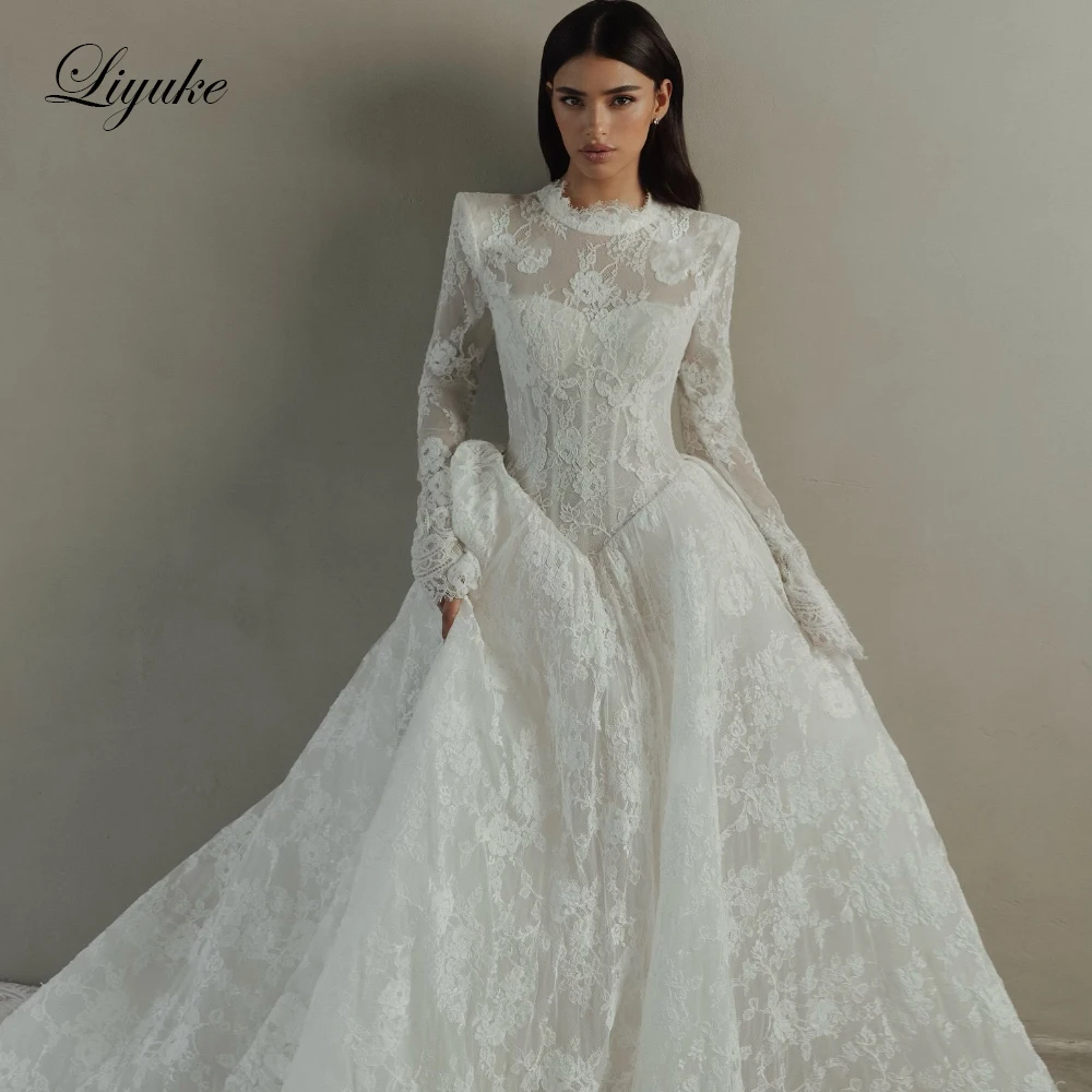 Liyuke Custom Made Muslin Style A-Line Wedding Dress Full Of Appliques Lace Long Sleeves High Collar Bride Gowns