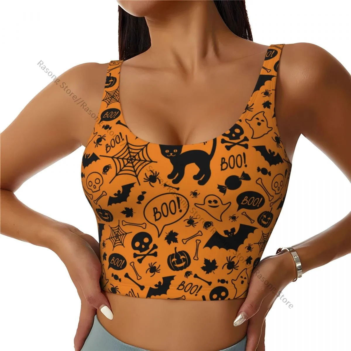 Women Sexy Sports Vest Halloween Cat Pumpkins Skulls Bats Element Female Streetwear Sport Lingerie Tee Crop Top