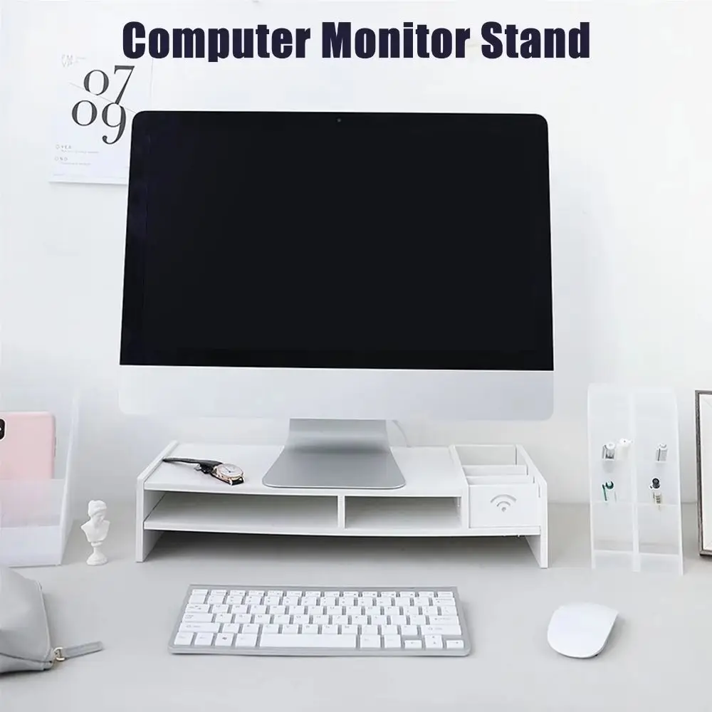 Easy Assemble PC Computer Screen Stand Multi Compartment Comfortable Viewing Height Wooden Desk Computer Riser