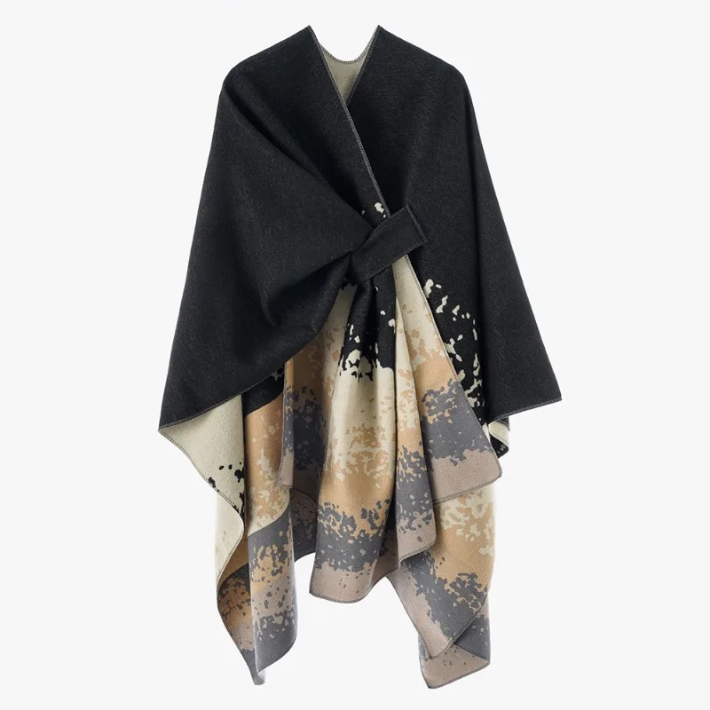 Women Reversible Chinese Style Knotted Poncho Cape Wrap Shawl Faux Cashmere Thick Warm Outerwear For Autumn Winter