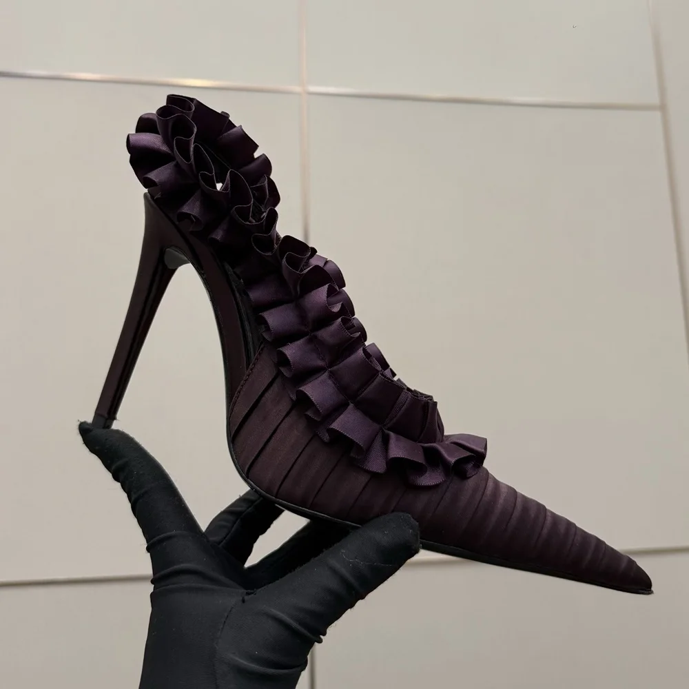 Women Satin Ruffle Slingback Pumps Pointed Pleated Stiletto High Heel Shoes Evening Party Wedding Bridal Dress Heels for Ladies