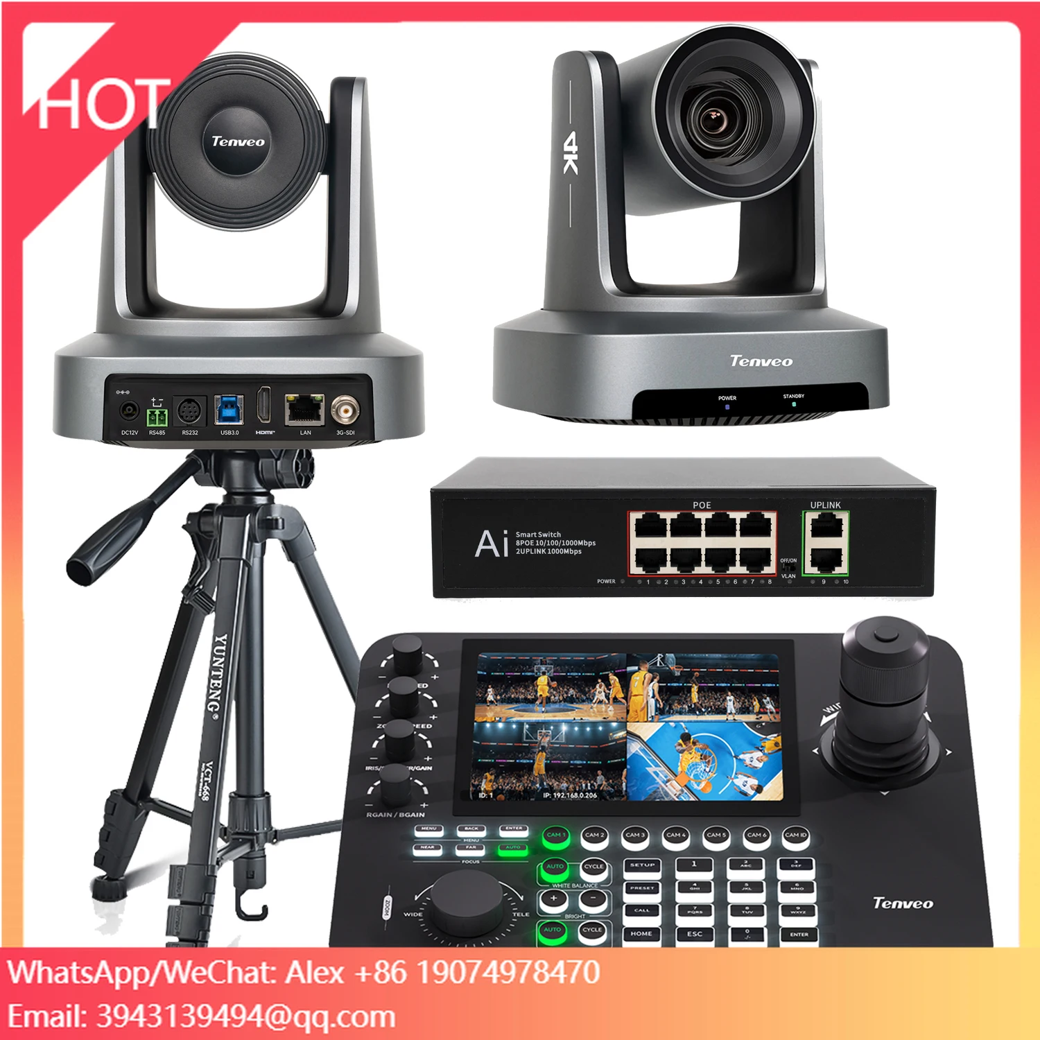 KB300PRO PTZ Camera Keyboard Controller With 7'' LCD Sreen+2Pcs 4K AI Auto Tracking Camera 20x Zoom PTZ Conference Camera With