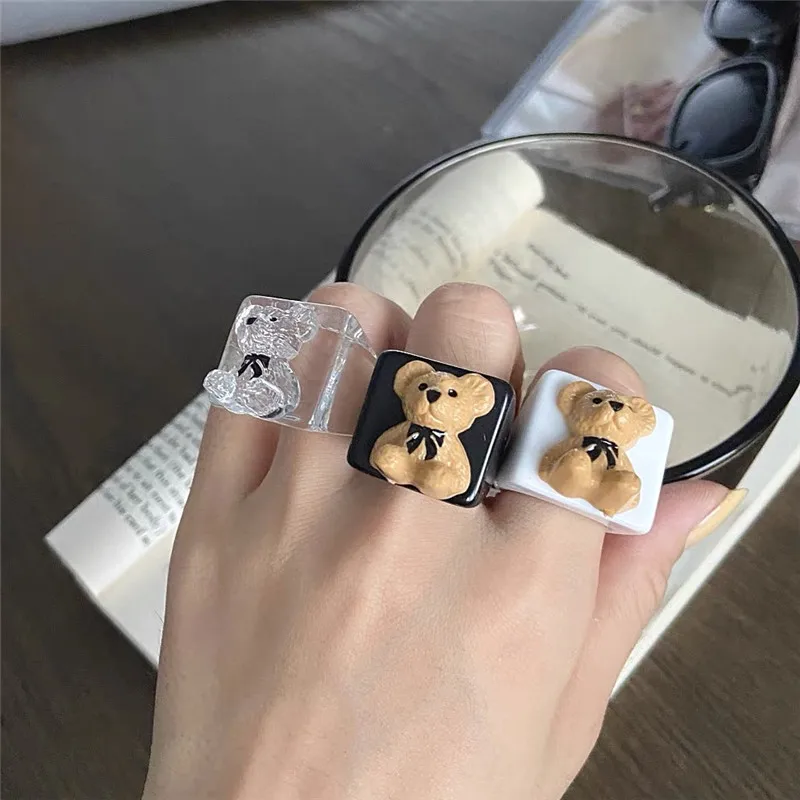 Funny Cute Bear Cartoon Animal Transparent Geometric Square Resin Acrylic Ring For Women Travel Party Vintage Jewelry Korean INS