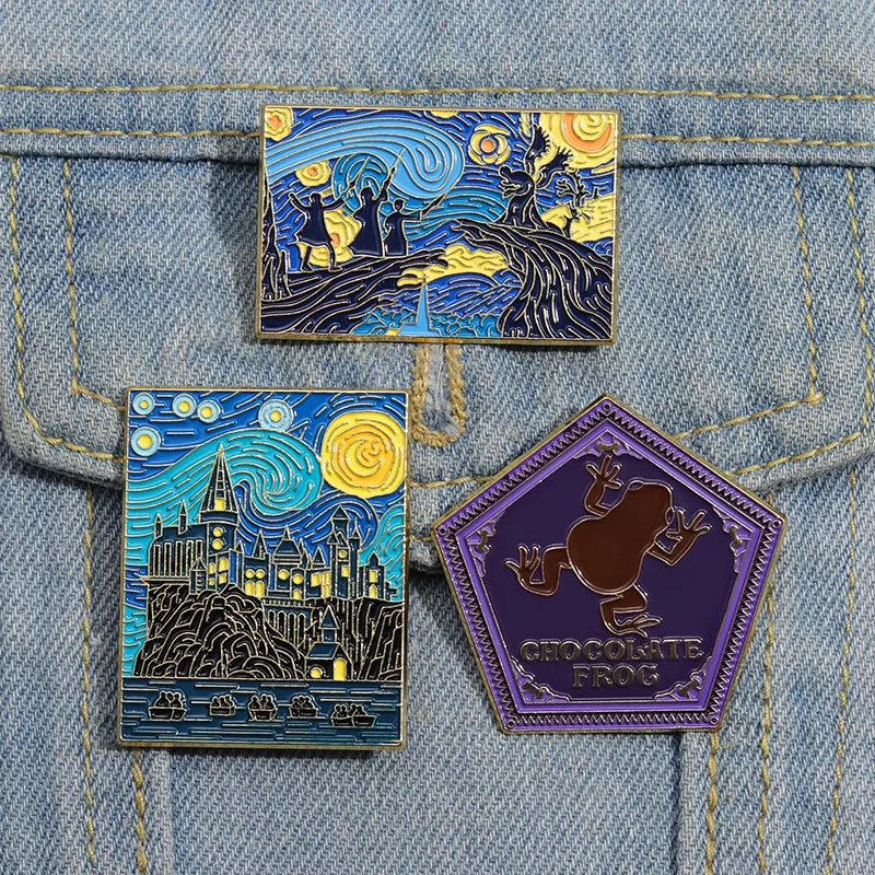 new products Van Gogh natural oil painting series castle under the starry sky cartoon bag clothing decoration paint brooch