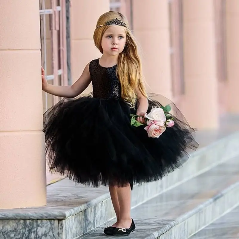 

Girls Princess Dresses Black Round Neck Dress Short Sequin Gowns Flower Girl Wedding Birthday Graduation Prom Gown Customized