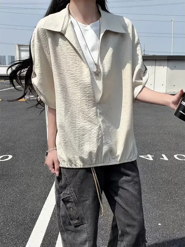 

Millet White Shirt Short Sleeve V-Neck Men Women Summer Linen-Like Fake Two-Piece Half Sleeve Jacket Splice Design Sensation