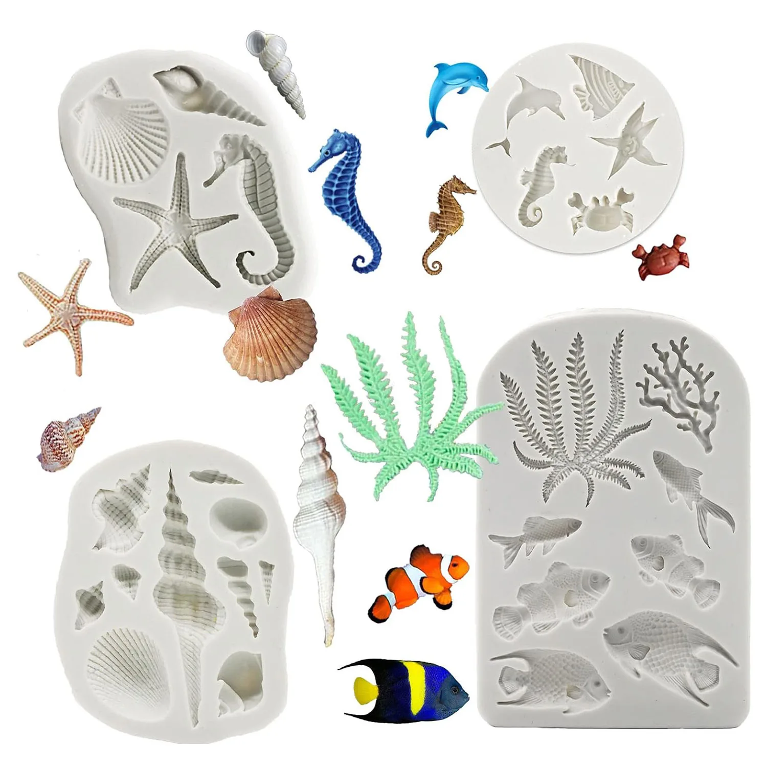 4PCS Marine Theme Fondant Silicone Mold Seaweed Sea Fish Crab Coral Conch Sea Shells Shape DIY Handmade Baking Tools