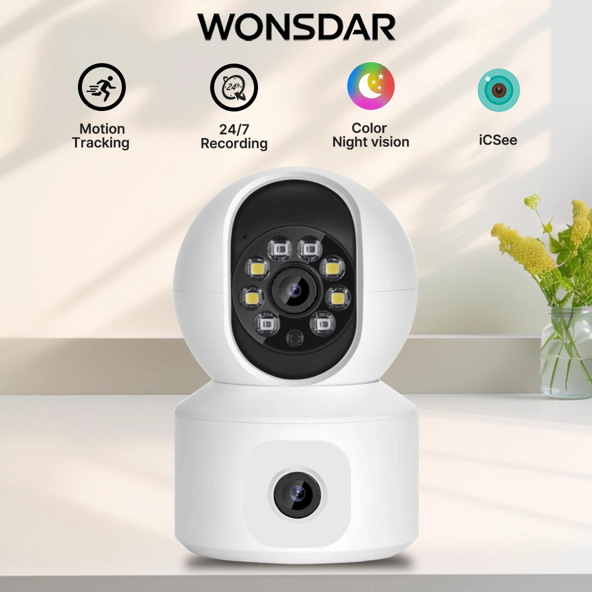 WONSDA HD Dual Lens 2.4GHz WIFI IP Camera Indoor Dual Screen Home Monitor AI Human Detection Mini Camera Security Surveillance