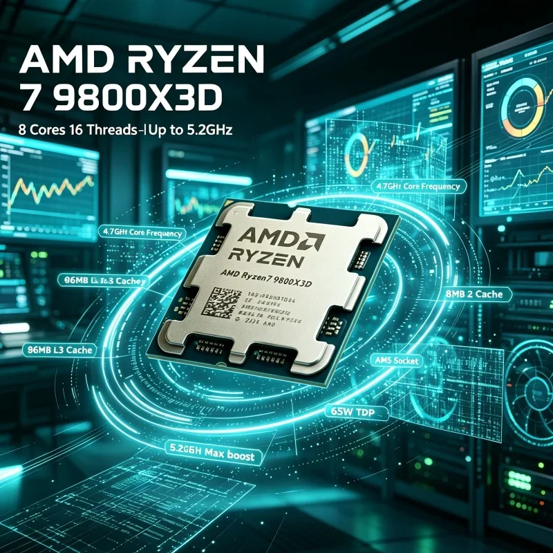 AMD Ryzen 7 9800X3D CPU for AM5 Build 8 Core 16 Thread 96MB L3 Cache 5.2GHz Boost DDR5 4nm 120W Desktop Gaming Processor