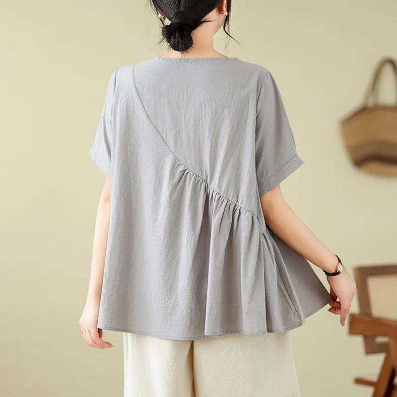 Women Summer Casual T-shirts New Arrival 2024 Simple Style O-neck Solid Color Loose Female Cotton Linen Tops Tees B3577 view 2