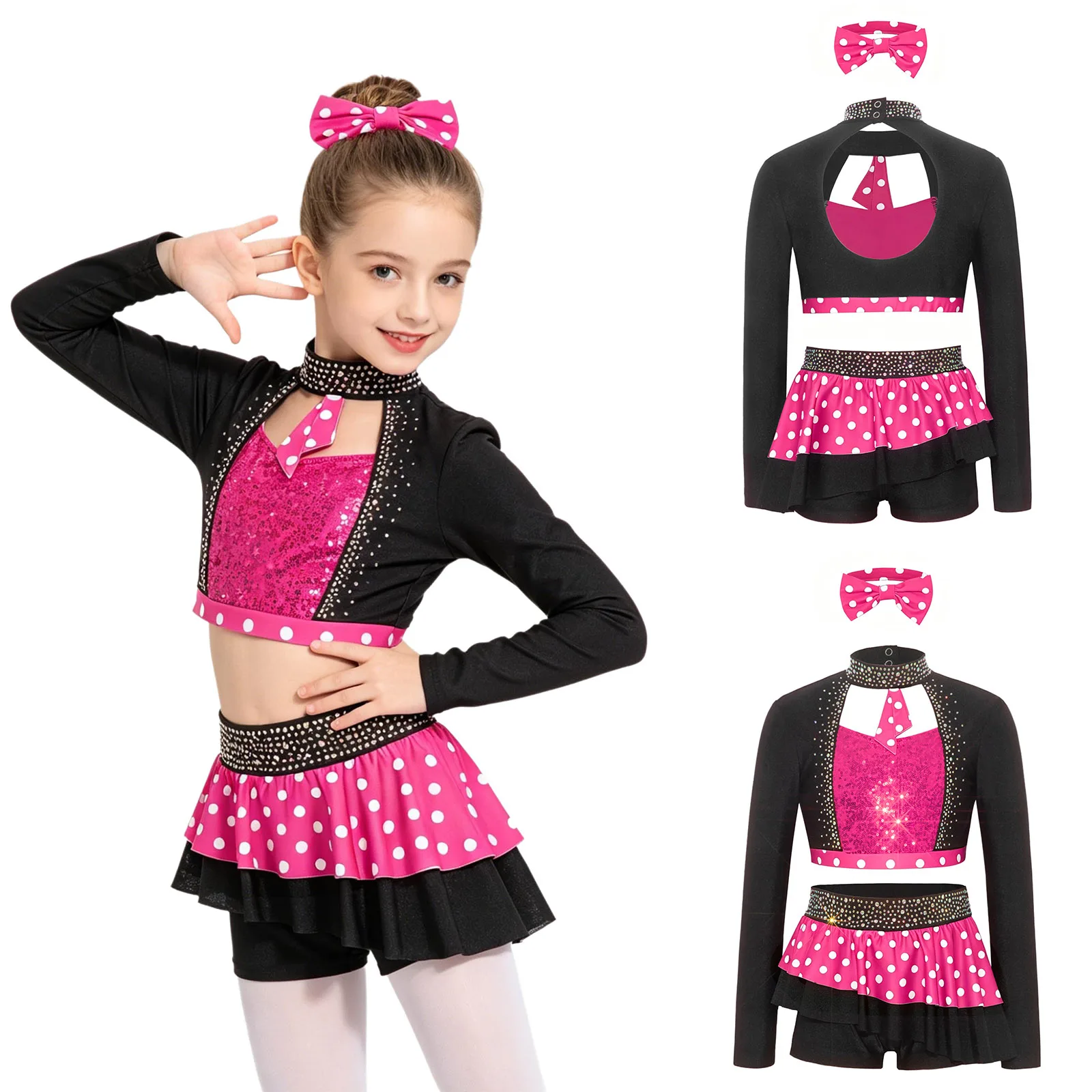 

Girls Rhinestone Jazz Dance Outfit Cutout Long Sleeve Crop Top Skirted Shorts Hairtie Sparkly Stretchy Lightweight Performance