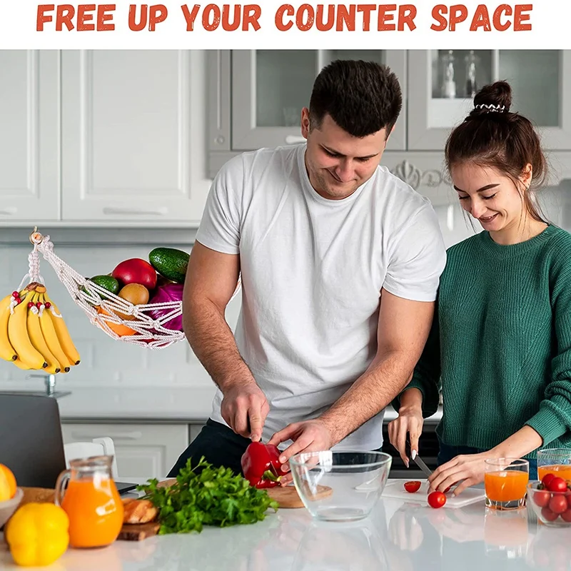

A19F-Macrame Fruit Hammock For Kitchen Under Cabinet,Veggie Hammock Fruit Holder Net And Hook For Hanging Fruit Basket