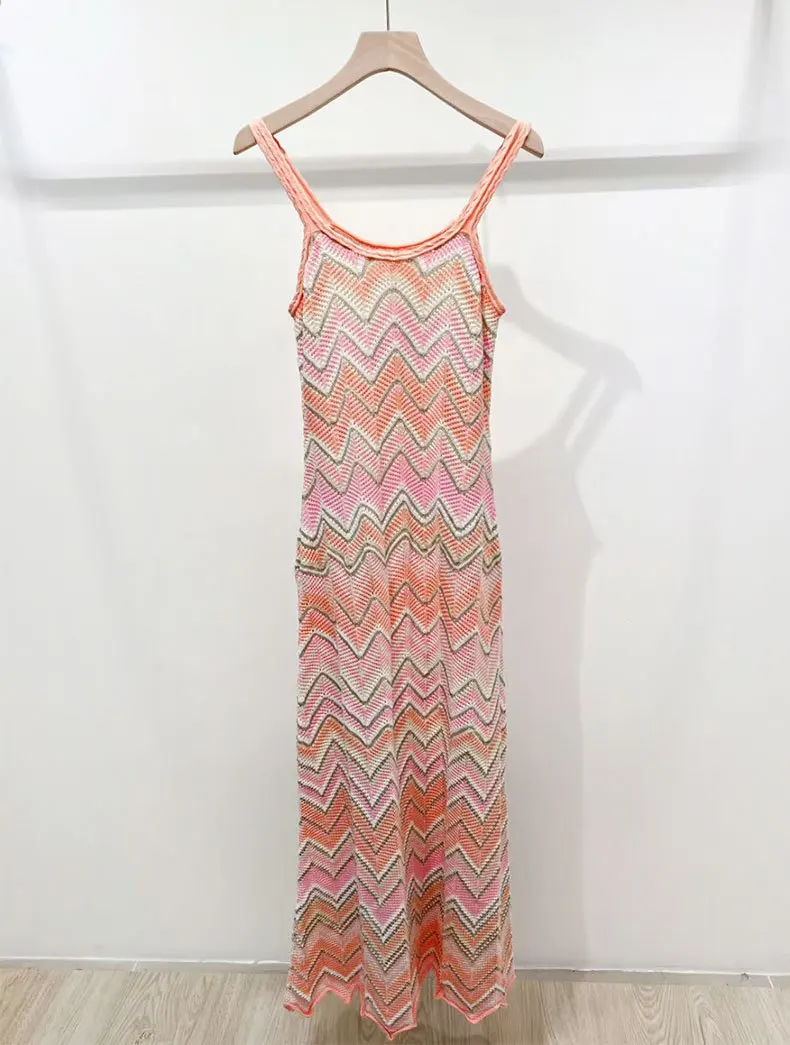 

Fashion Striped Spaghetti Strap Knitting Dresses for Women New Sleeveless Casual Long Holiday Beach Dress